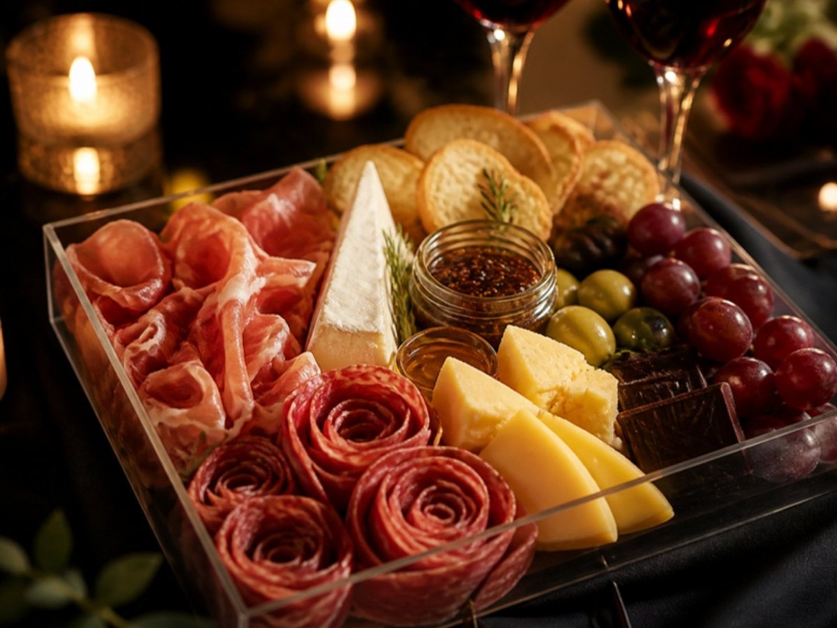 A clear grazing box of rolled salami, cheeses and grapes by candlelight
